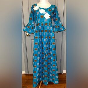 African Hand Made 100%Cotton Women’s Turquoise Ruffles Sleeve Long Dress.